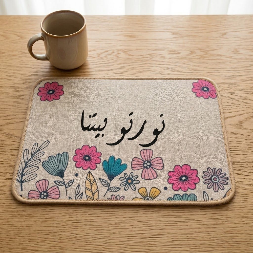 حصيرة عازلة للحرارة مستطيلة الشكل (35 × 25 سم) مزينة بنقوش زهرية وخط عربي 2