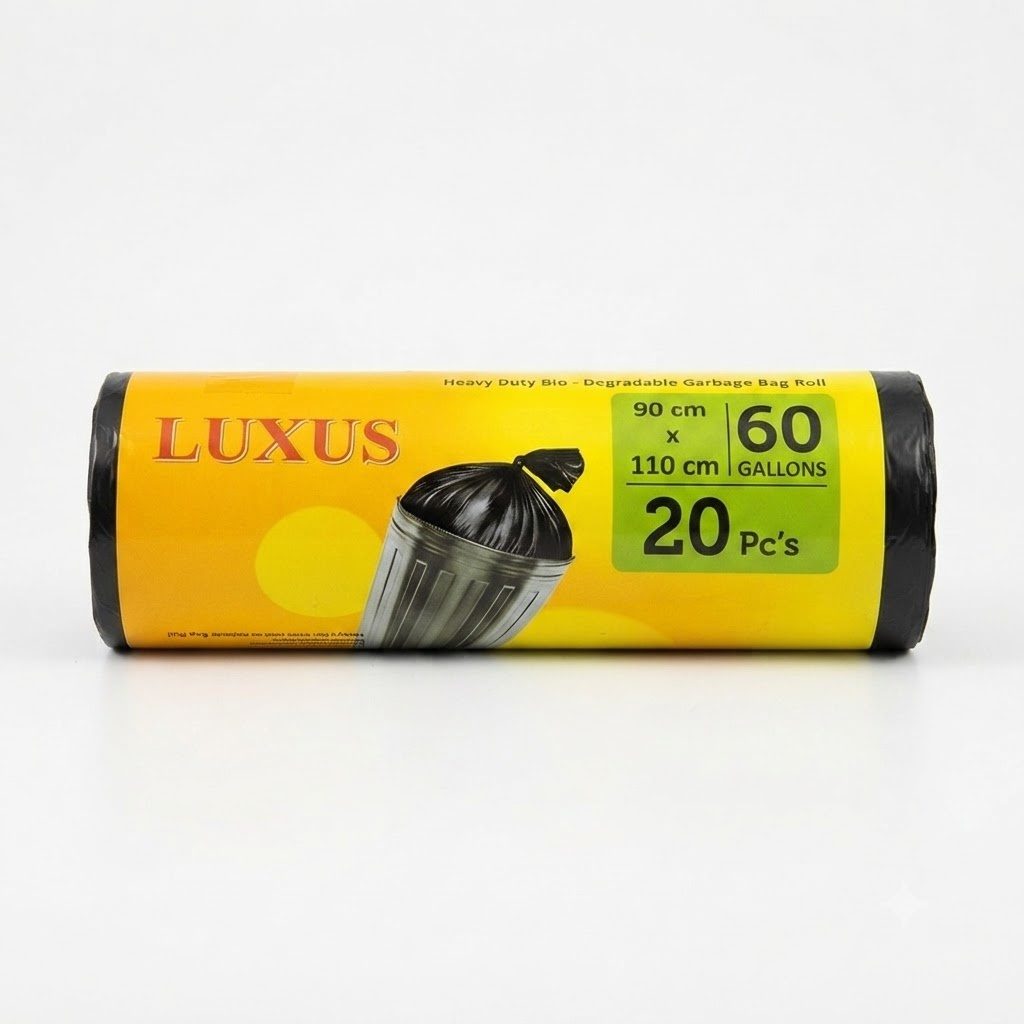 لفافة أكياس قمامة شديدة التحمل وقابلة للتحلل الحيوي من LUXUS - 60 جالون، 20 قطعة (90 × 110 سم)