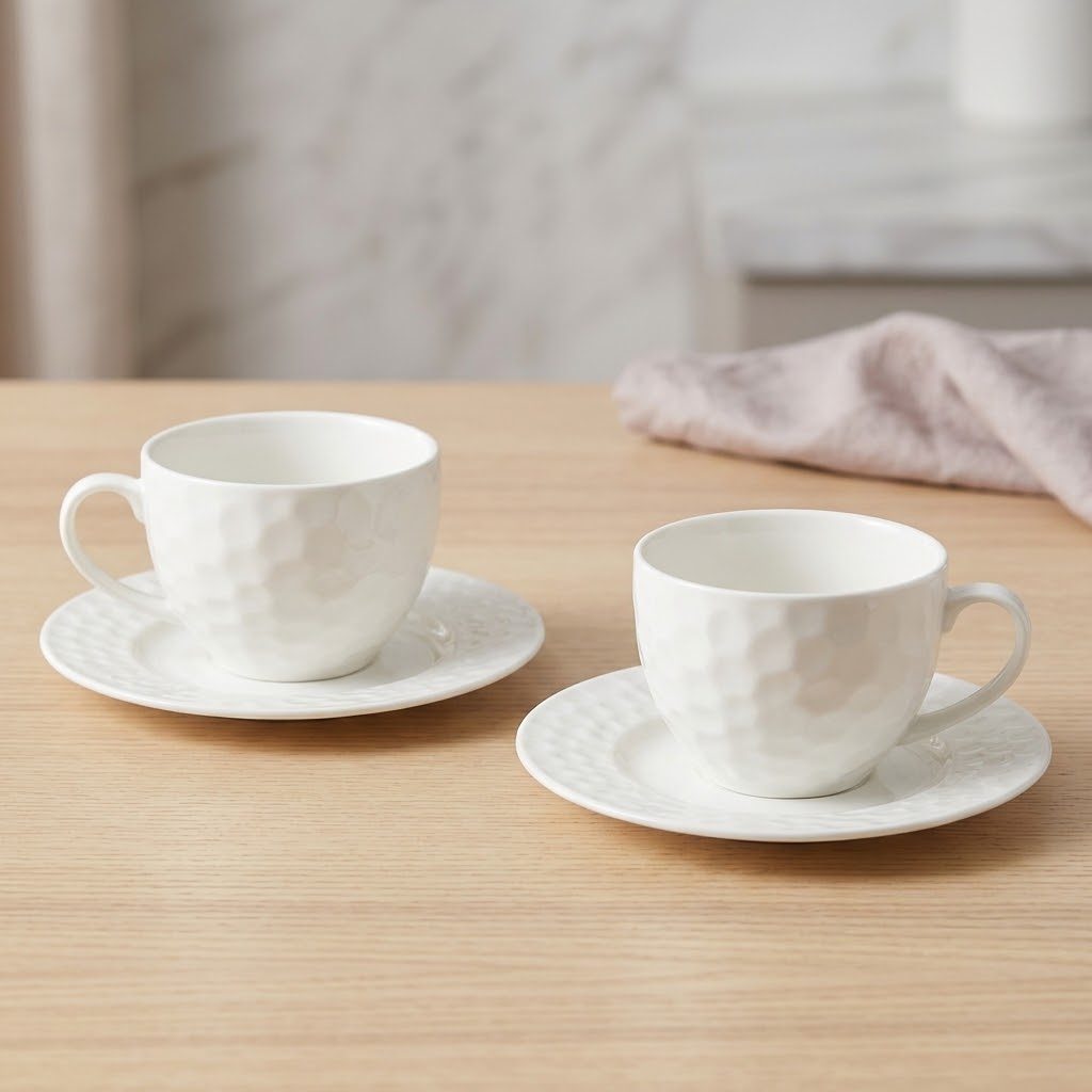 4-Piece White Ceramic Cup and Saucer Set 3