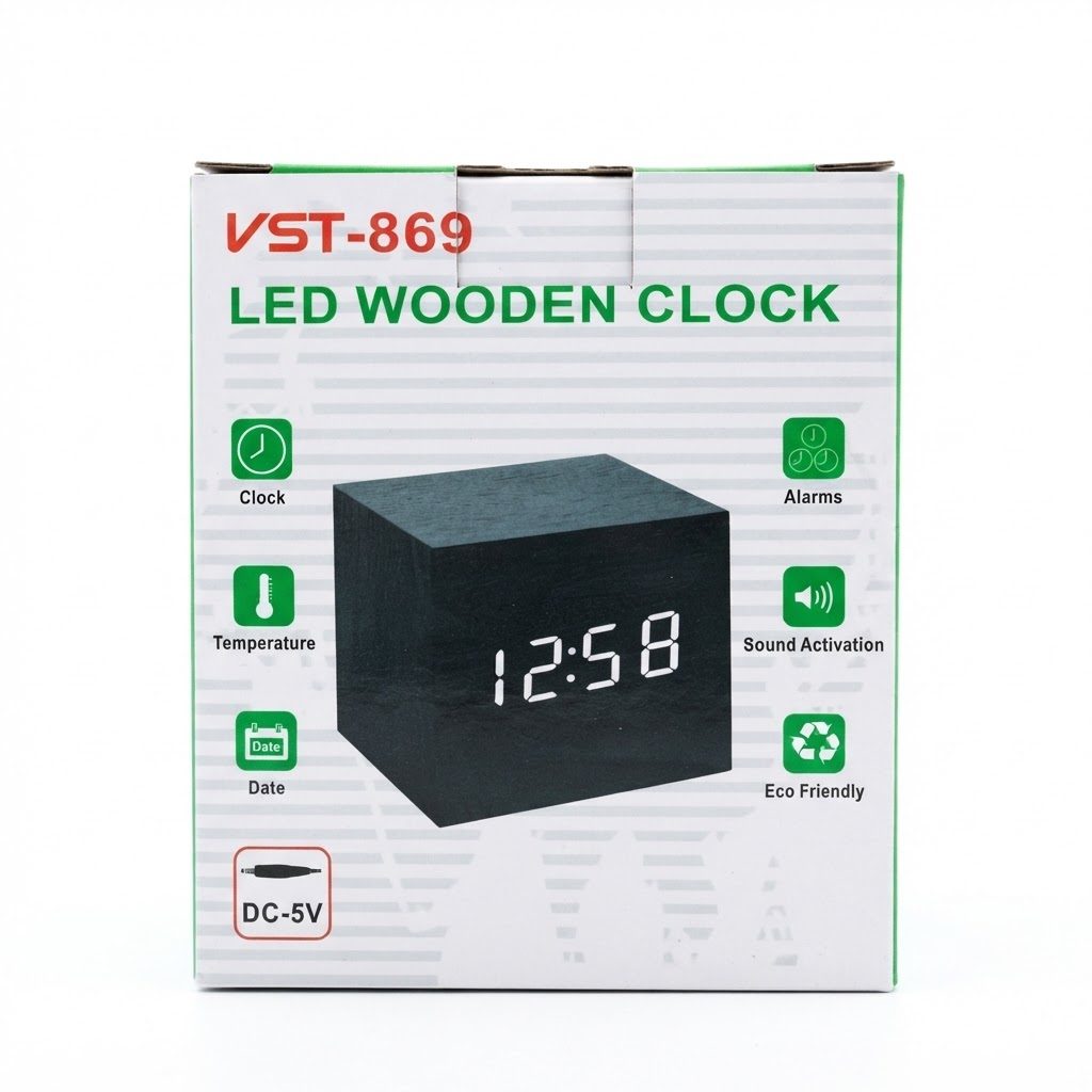 ساعة خشبية بنظام LED طراز VST-869 – ساعة منبه رقمية عصرية بتصميم مكعب، مزودة بمقياس لدرجة الحرارة وميزة التنشيط الصوتي.
