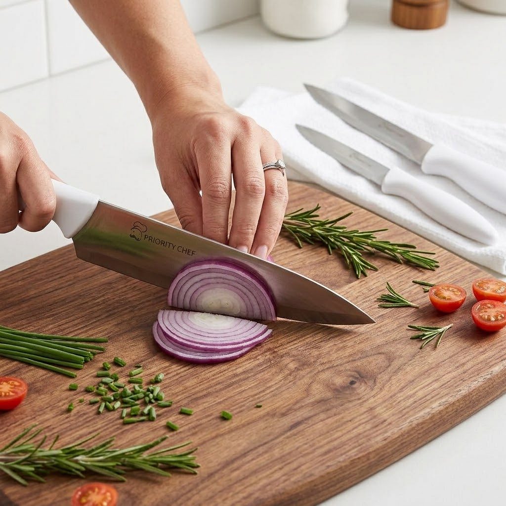 طقم سكاكين مطبخ من PriorityChef مكون من 3 قطع من الفولاذ المقاوم للصدأ ومزود بمقابض بيضاء مريحة 4
