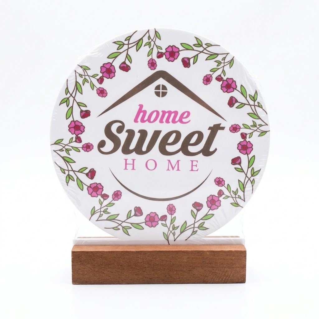لوحة تزيينية للطاولة بعبارة "Home Sweet Home" مزينة بنقوش زهور، مع قاعدة
