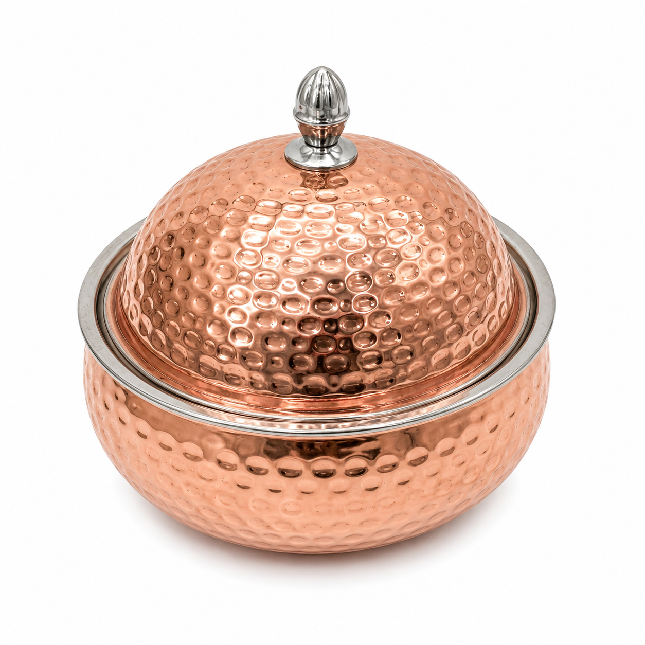 حافظة طعام (سخان) منقوشة باللون النحاسي الوردي - قدر حراري بتصميم تراثي وغطاء قبة