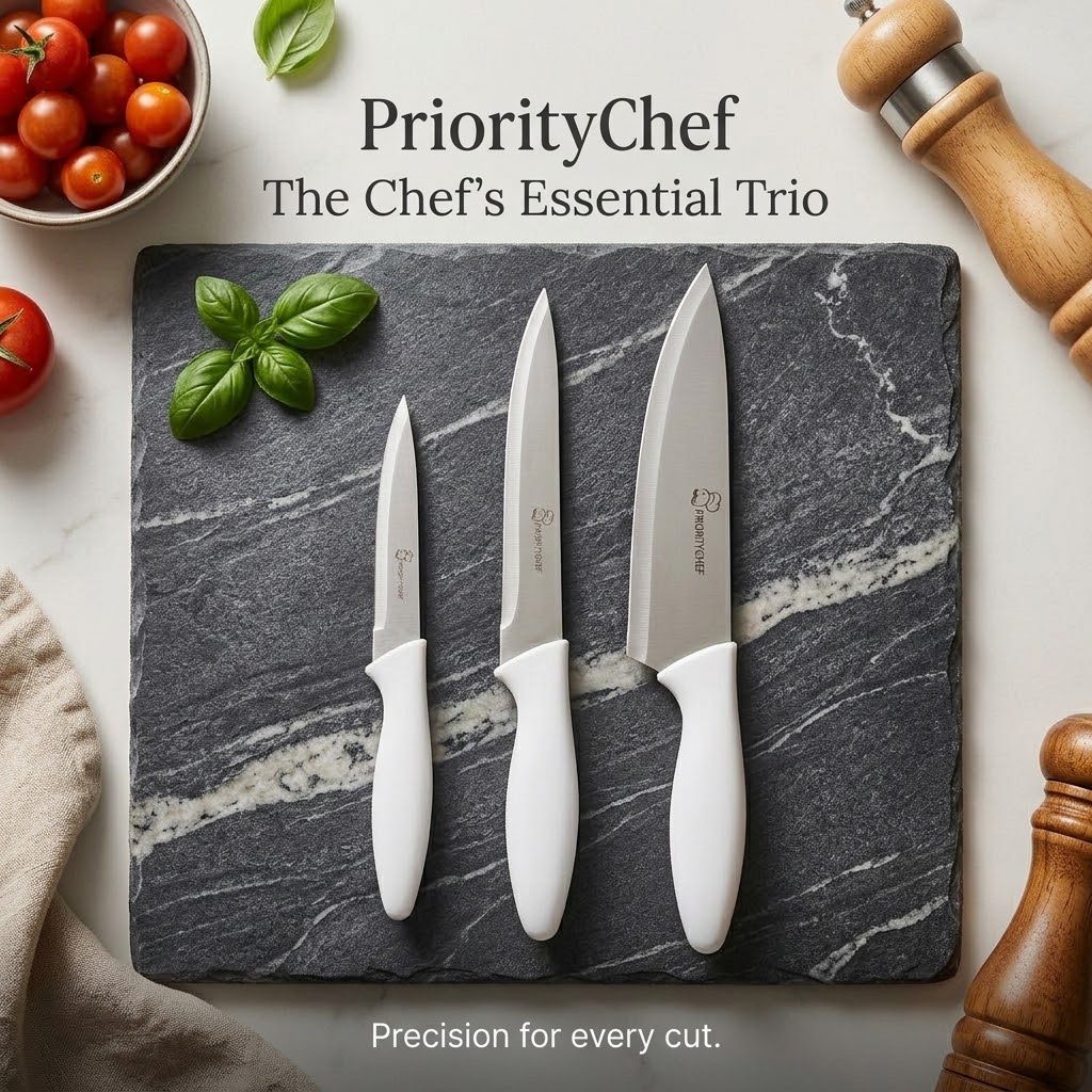 طقم سكاكين مطبخ من PriorityChef مكون من 3 قطع من الفولاذ المقاوم للصدأ ومزود بمقابض بيضاء مريحة 3
