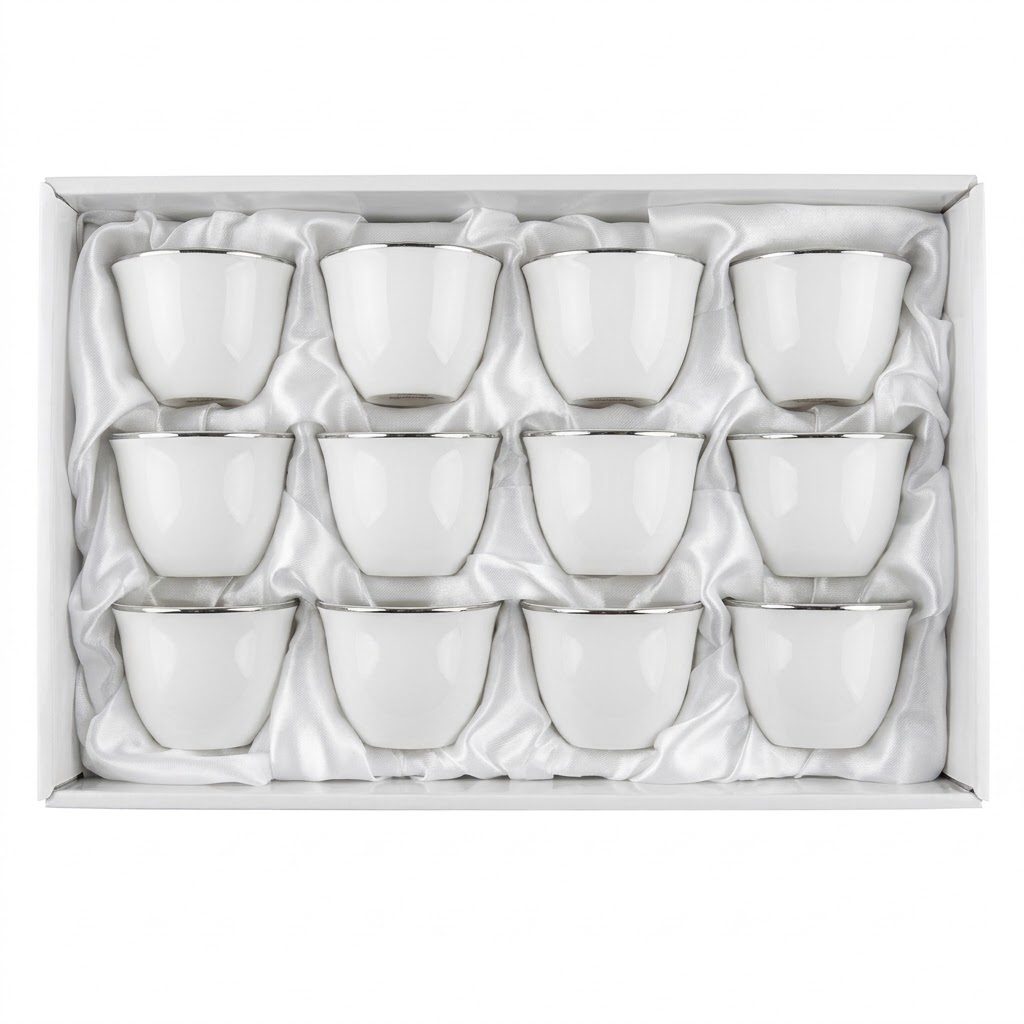 طقم فناجين قهوة عربية من السيراميك الأبيض بحواف فضية (علبة هدايا مكونة من 12 قطعة)