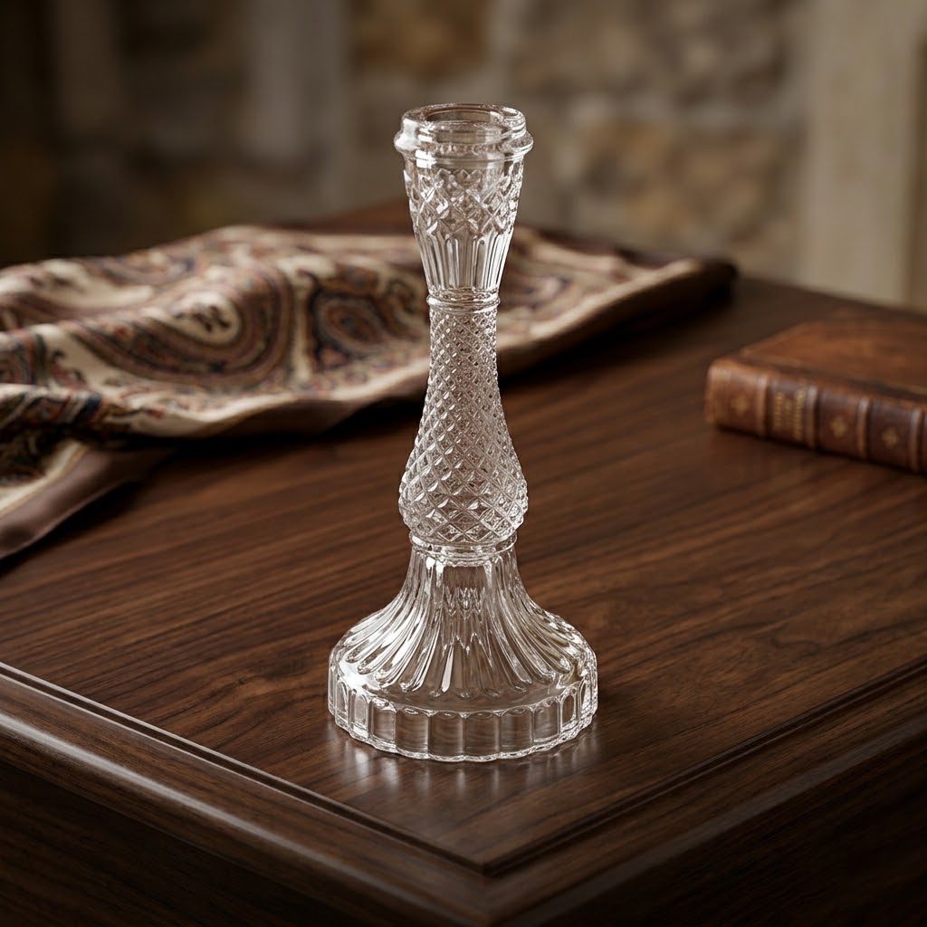 حامل شموع زجاجي شفاف بنقوش بارزة - طراز كلاسيكي (21 سم) 3