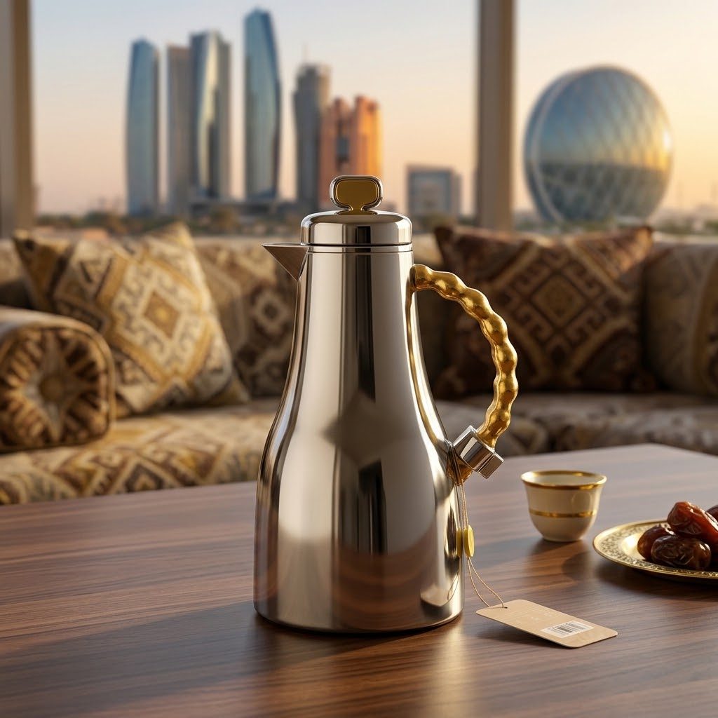 إبريق حراري مفرغ الهواء من الفولاذ المقاوم للصدأ سعة 1000 مل، مزود بمقبض ذهبي ذي ملمس بارز (ترمس حافظ للحرارة) 2
