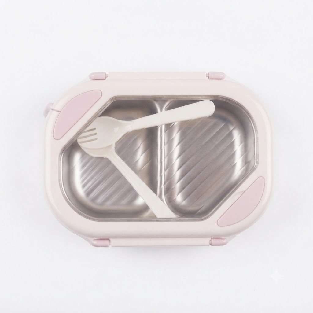 Stainless Steel Compartment Lunch Box with Spoon – Pink and White