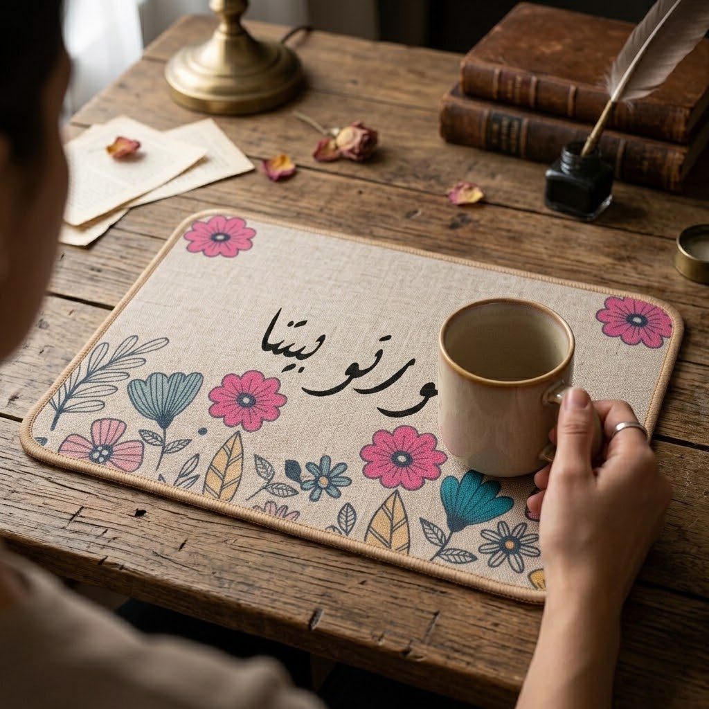 حصيرة عازلة للحرارة مستطيلة الشكل (35 × 25 سم) مزينة بنقوش زهرية وخط عربي 3