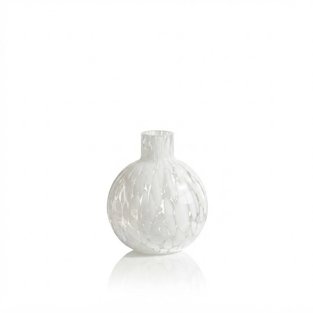 Artisanal Hand-Blown Glass Flower Vase with White Swirl Pattern