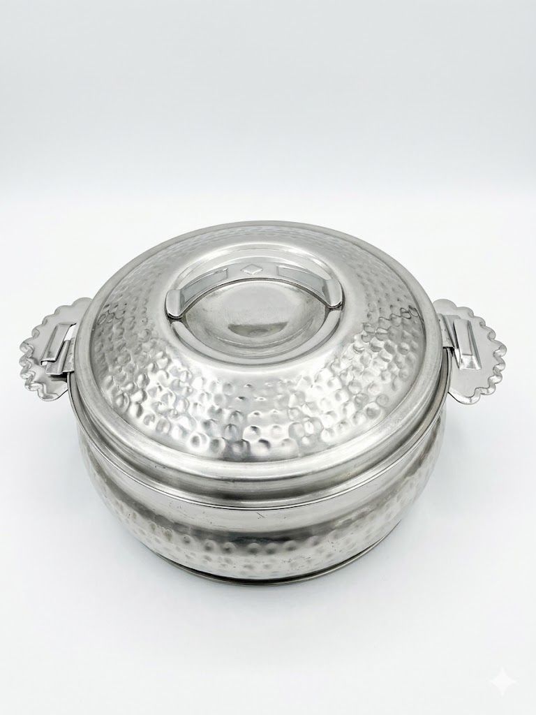 حافظة طعام (هوت بوت) ستانلس ستيل بتصميم منقوش (مطرّق) – وعاء حراري معزول بمقابض صدفية ولمعان براق