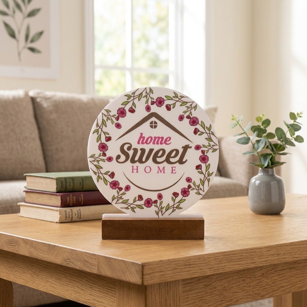 لوحة تزيينية للطاولة بعبارة "Home Sweet Home" مزينة بنقوش زهور، مع قاعدة 4