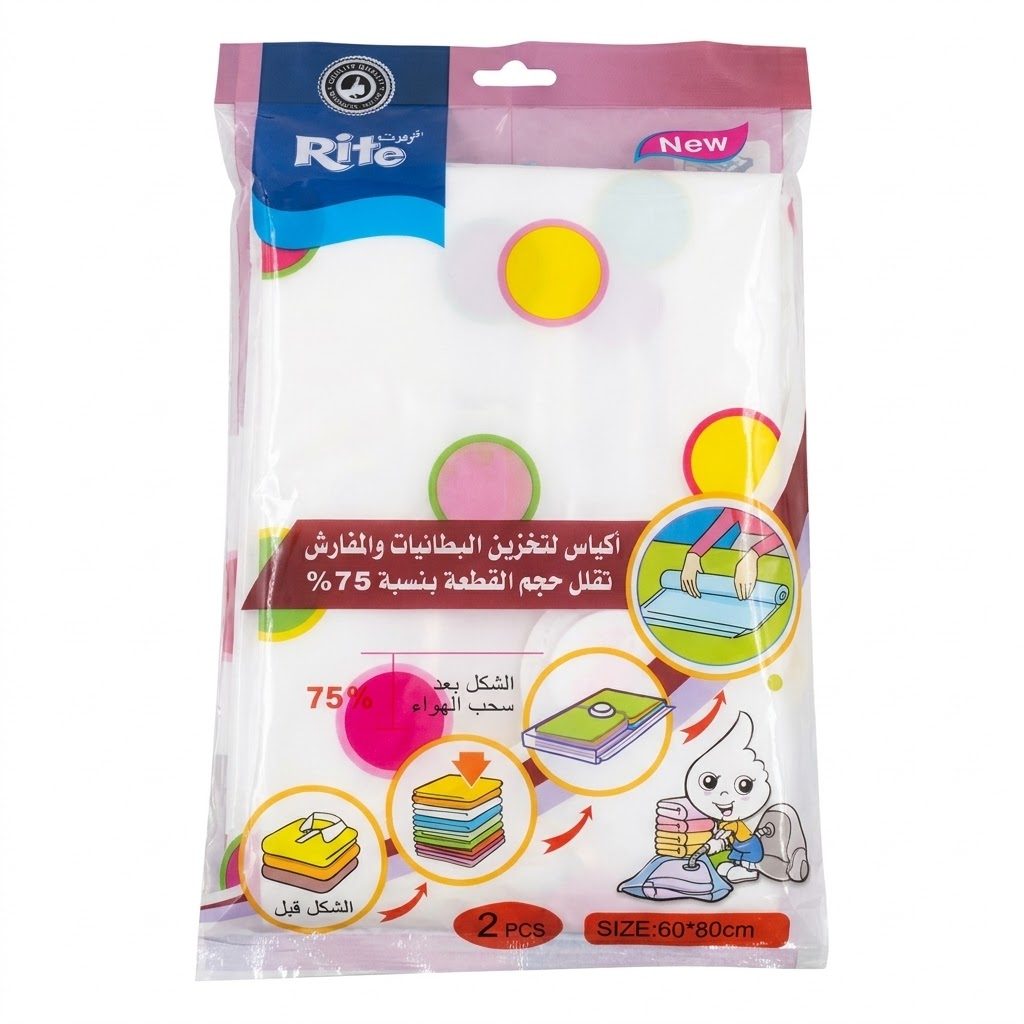 أكياس "رايت" (Rite) للتخزين بالضغط وتفريغ الهواء، مخصصة للبطانيات والمفروشات (60 × 80 سم، عبوة من قطعتين)