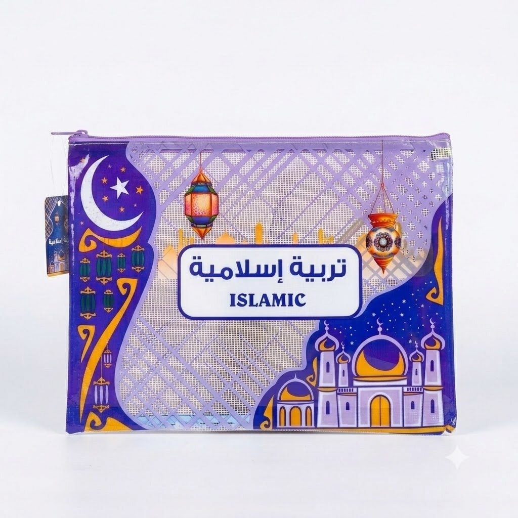 حقيبة ملفات بلاستيكية بسحاب عليها موضوع إسلامي