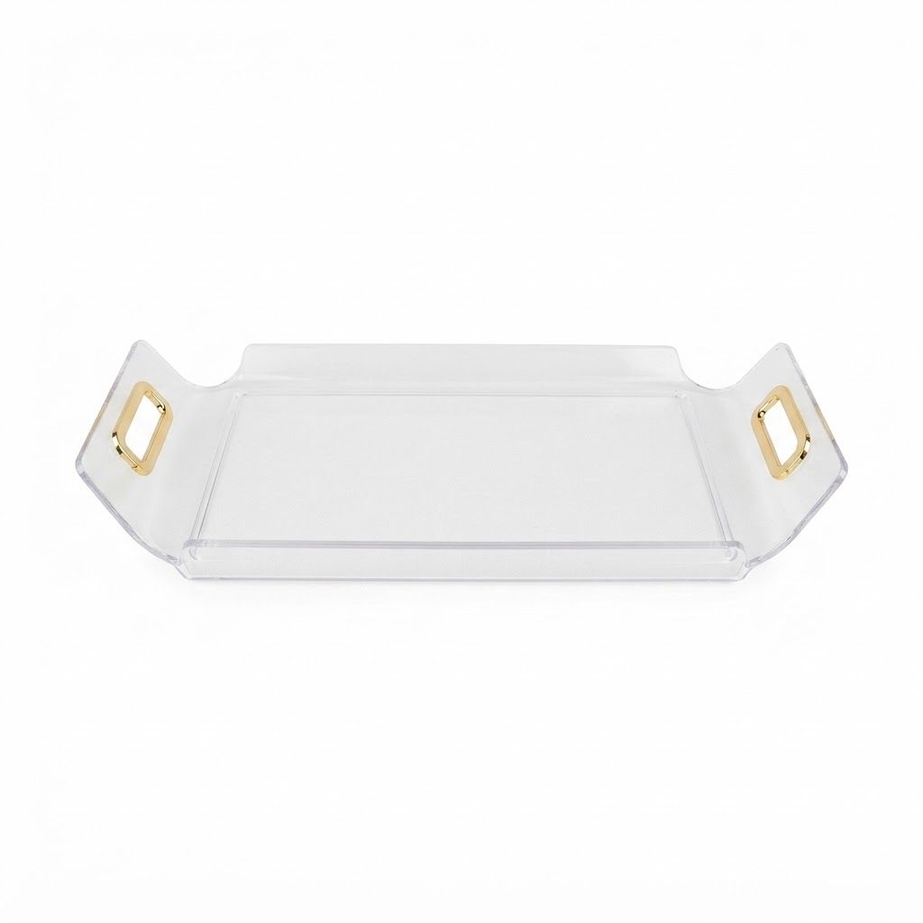 صينية تقديم بلاستيكية شفافة بمقابض ذات لمسات ذهبية