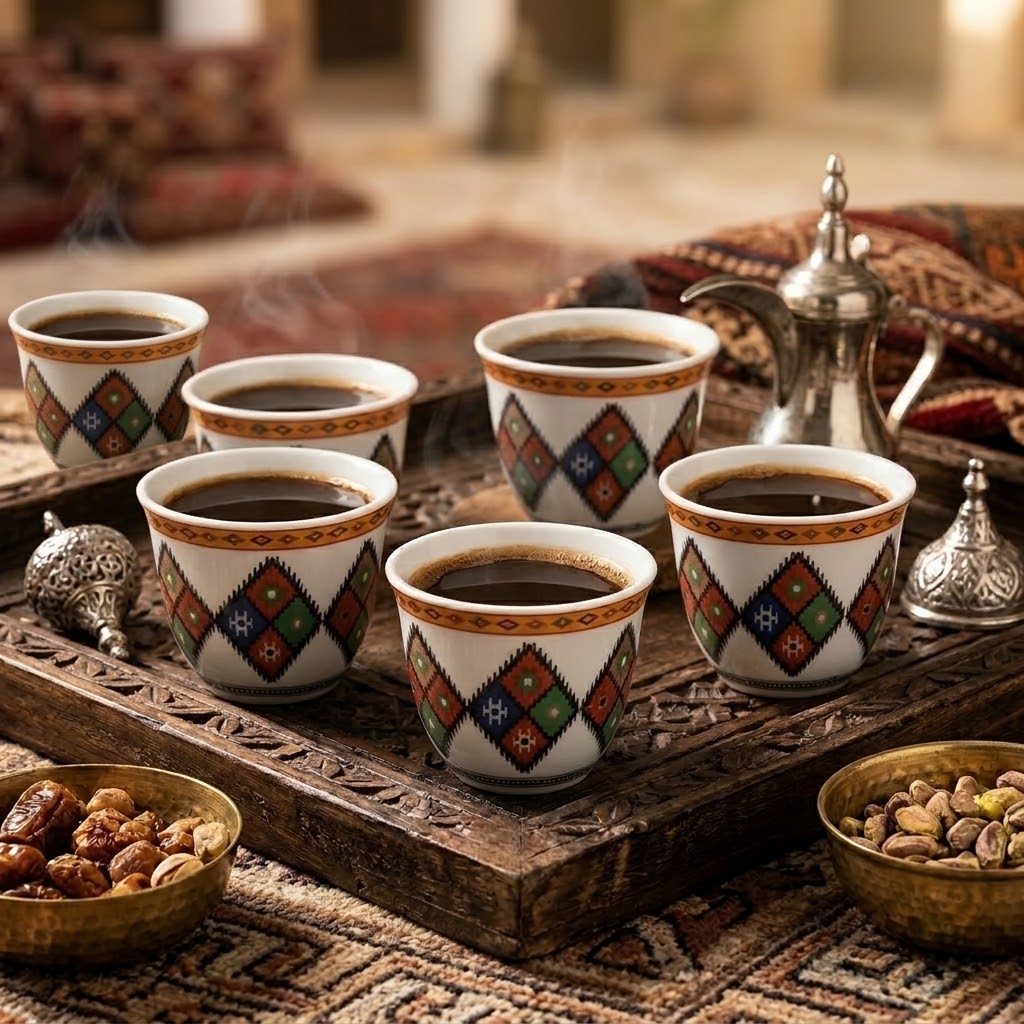طقم فناجين قهوة عربية من السيراميك بنقوش "السدو" التقليدية (6 قطع - فنجان) 3