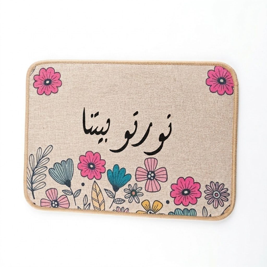 حصيرة عازلة للحرارة مستطيلة الشكل (35 × 25 سم) مزينة بنقوش زهرية وخط عربي