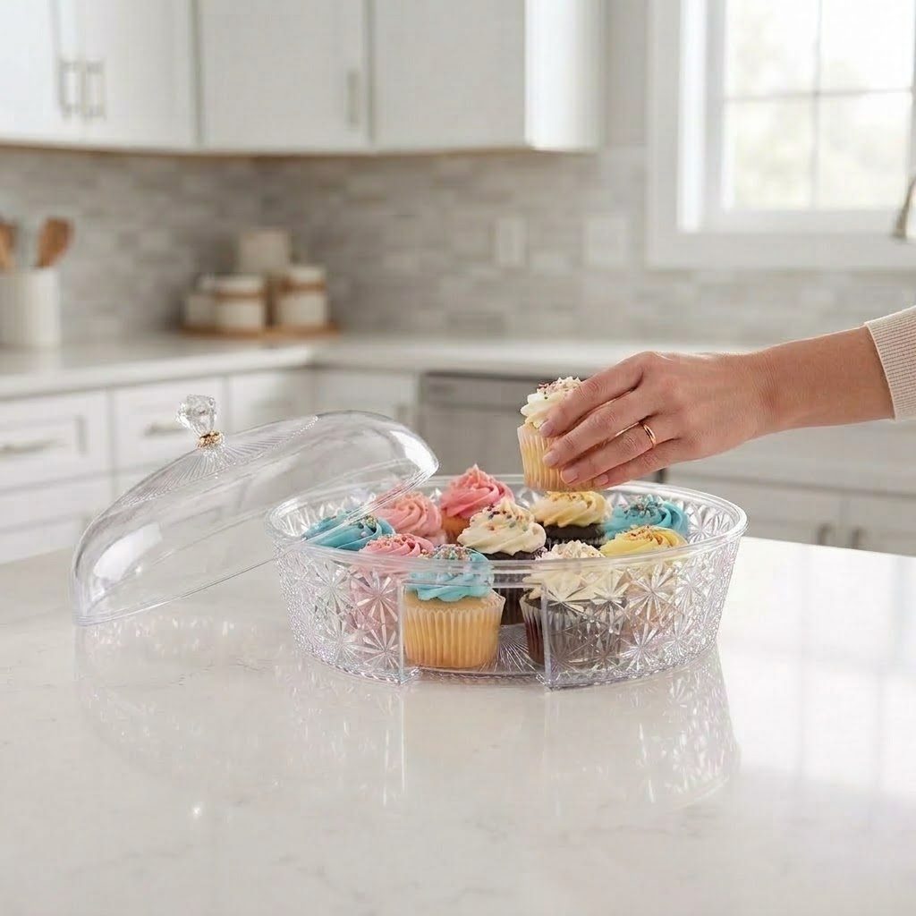 صينية تقديم بلاستيكية دائرية أنيقة بتصميم كريستالي شفاف ومزخرف، مزودة بغطاء مقبب ومقبض علوي مرصع بحجر كريم. 4