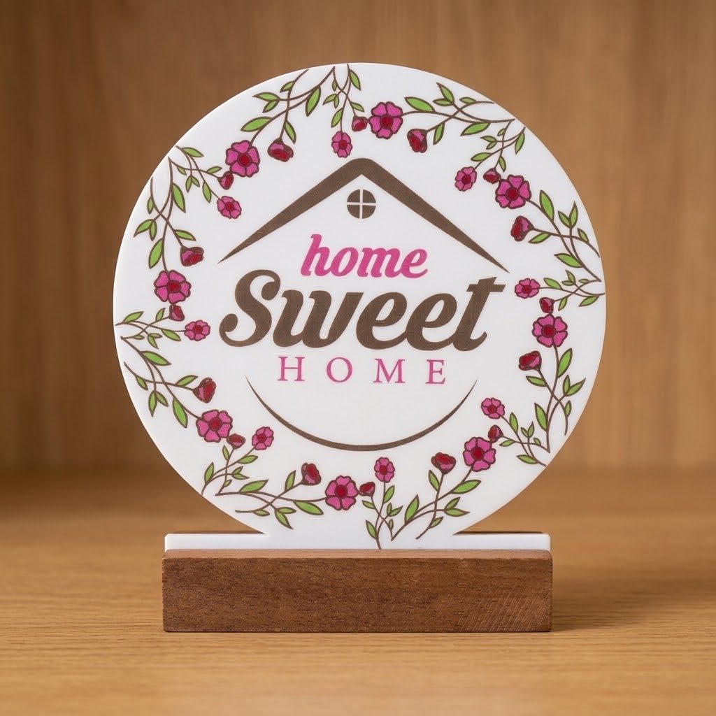 لوحة تزيينية للطاولة بعبارة "Home Sweet Home" مزينة بنقوش زهور، مع قاعدة 3