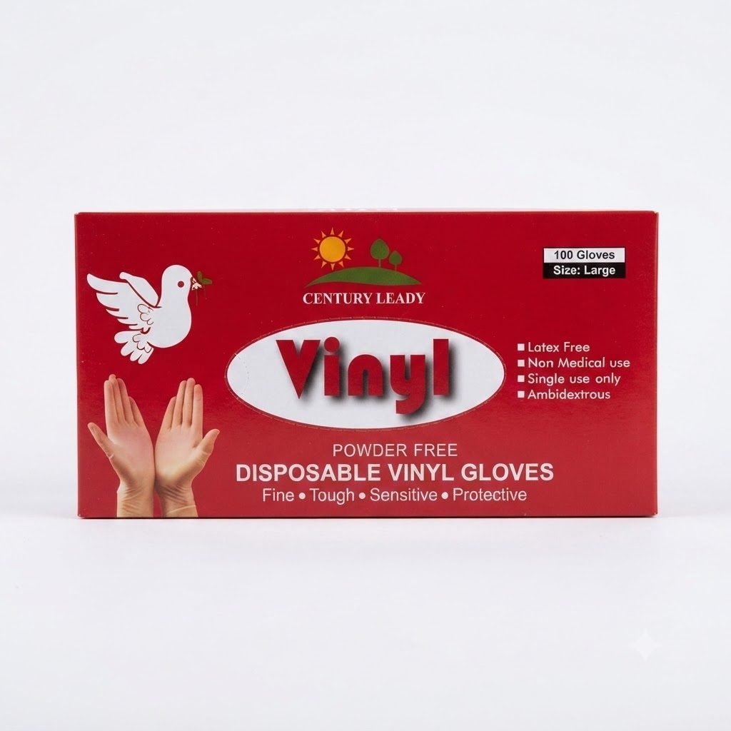 Century Leady Vinyl Powder Free Disposable Gloves – Large, 100 Pieces