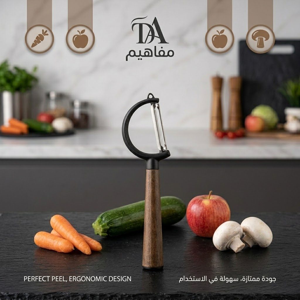 مقشرة خضروات وفواكه برأس دوار ومقبض مريح بمظهر خشبي 2