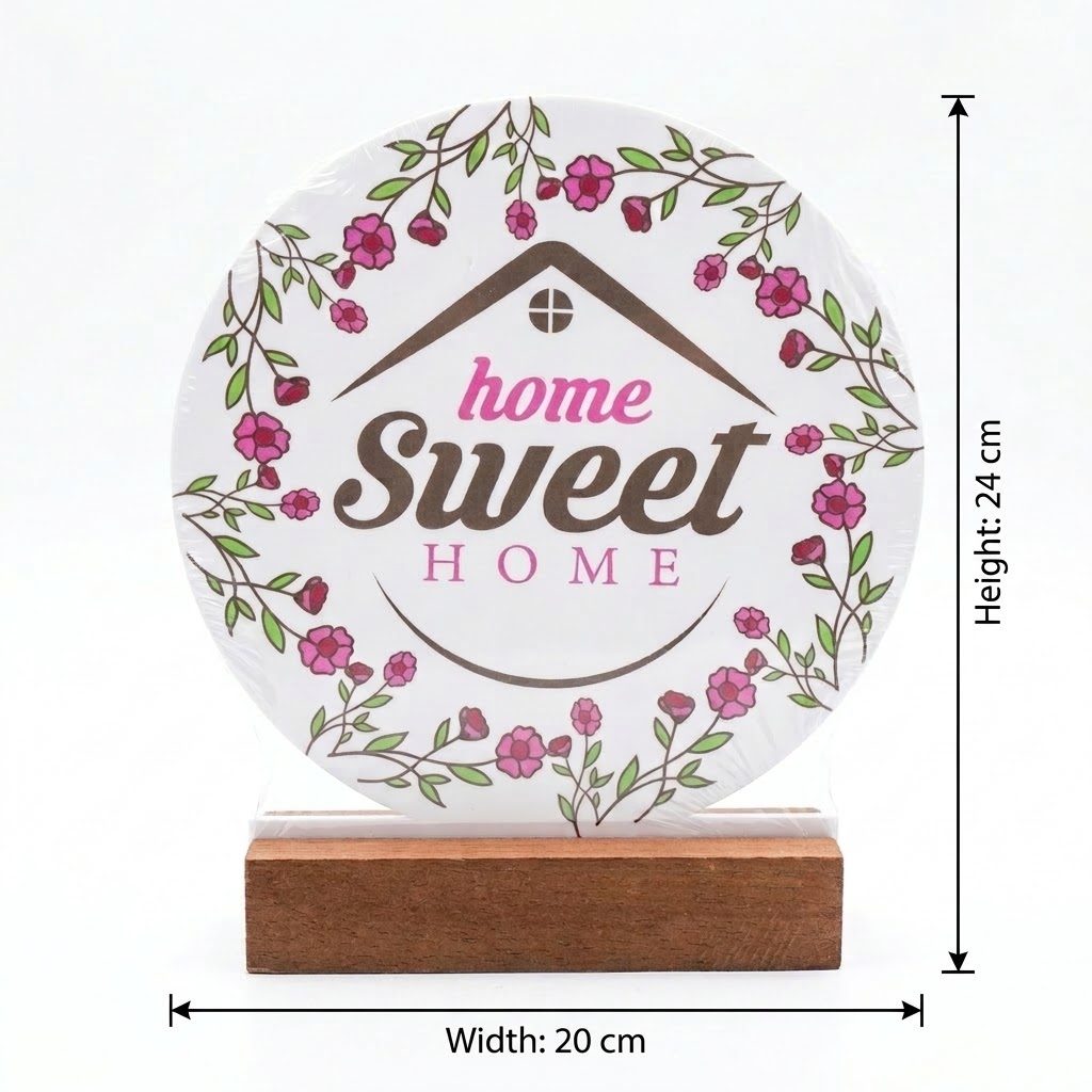لوحة تزيينية للطاولة بعبارة "Home Sweet Home" مزينة بنقوش زهور، مع قاعدة 2