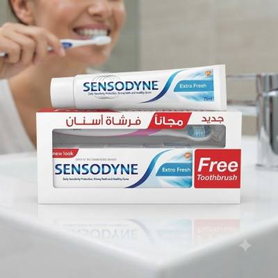 مجموعة معجون أسنان وفرشاة أسنان سنسوداين إكسترا فريش للحماية اليومية من حساسية الأسنان