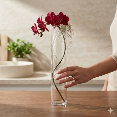 مزهرية أسطوانية طويلة من الزجاج الشفاف بتصميم بسيط - مزهرية عمودية كبيرة وأنيقة لعرض باقات الزهور ذات السيقان الطويلة
