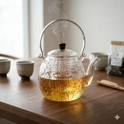إبريق شاي زجاجي مطروق بمقبض خشبي – 1000 مل