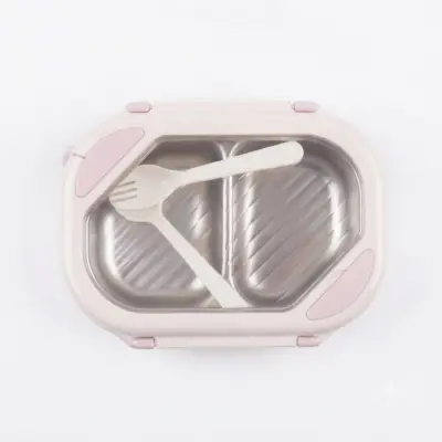Stainless Steel Compartment Lunch Box with Spoon – Pink and White