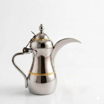 إبريق قهوة دلة أنيق بلون فضي مع لمسات ذهبية – 0.7 لتر