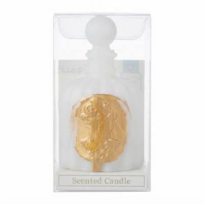 شمعة معطرة أنيقة باللونين الأبيض والذهبي على شكل زجاجة عطر