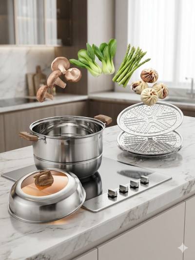 قدر بخار (برمة وكسكاس) من الستانلس ستيل متعدد الطبقات - مقابض مريحة بتصميم خشبي