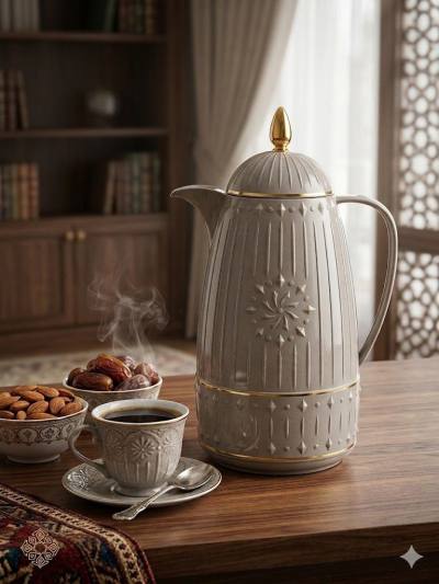ترمس قهوة وشاي مودرن بتصميم دلة فاخر - سعة 1 لتر - لون رمادي رخامي مزين بالذهبي - عازل للحرارة