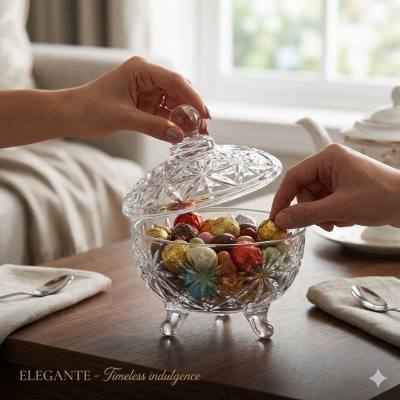 وعاء حلوى أنيق بقاعدة على طراز الكريستال - طبق تقديم مزخرف بغطاء