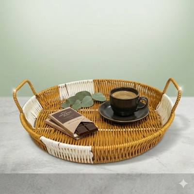 صينية تقديم من الخيزران المنسوج يدويًا بلونين مع مقابض | سلة تخزين دائرية مزخرفة