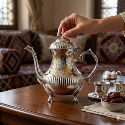 إبريق شاي مطلي بالفضة بتصميم مستوحى من الطراز القديم مع لمسات من ورق الذهب