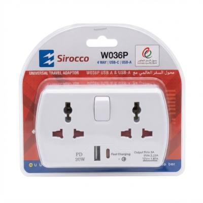 محول سفر عالمي رباعي المنافذ من سيروكو W036P مزود بمنفذي USB-A و USB-C