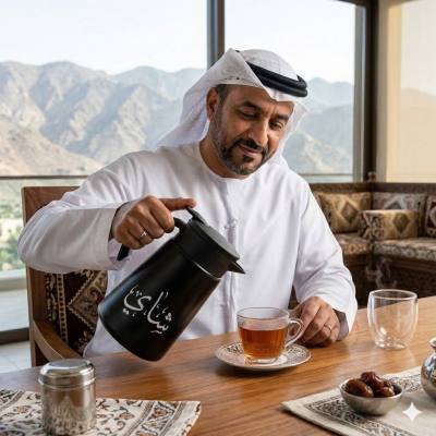 قارورة شاي أنيقة سوداء غير لامعة مزينة بالخط العربي