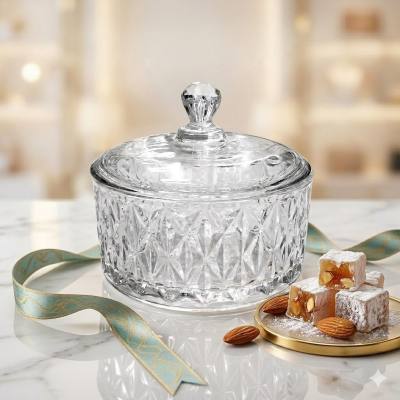 وعاء حلوى أنيق بتصميم كريستالي ماسي الشكل - طبق تقديم مزخرف بغطاء