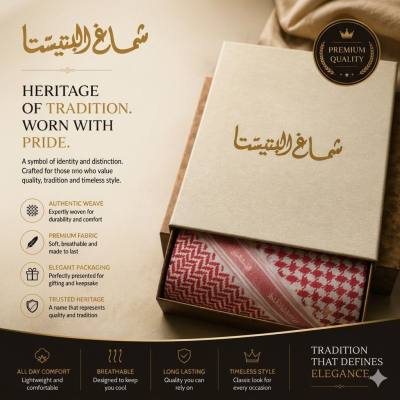شماغ رجالي فاخر من التراث باللونين الأحمر والأبيض - نسيج متعرج أصيل ولمسة نهائية كلاسيكية راقية