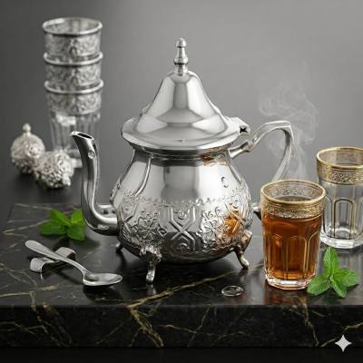 إبريق شاي فضي محفور على الطراز المغربي التقليدي – 16 سم